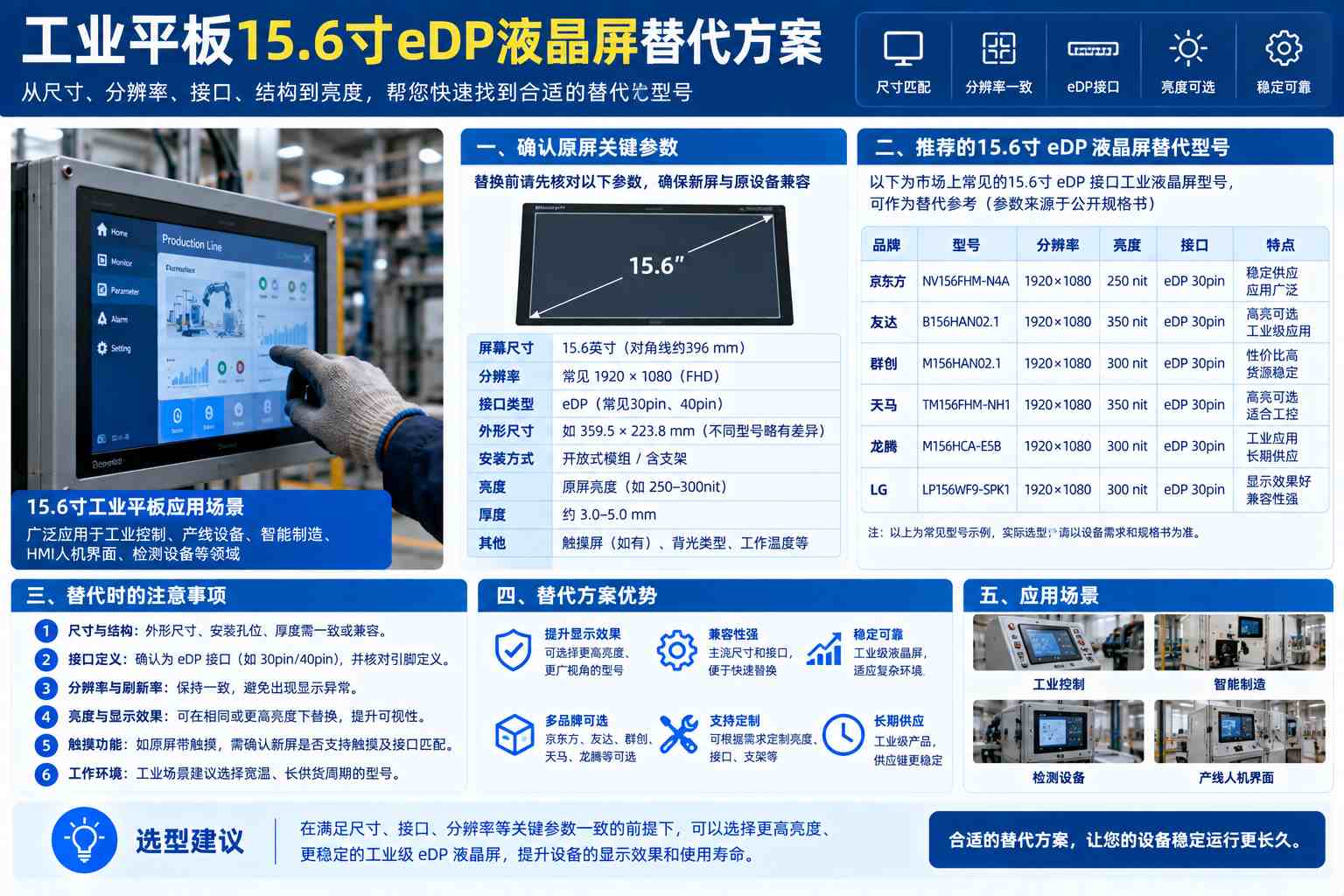 工业平板15.6寸eDP液晶屏替代方案