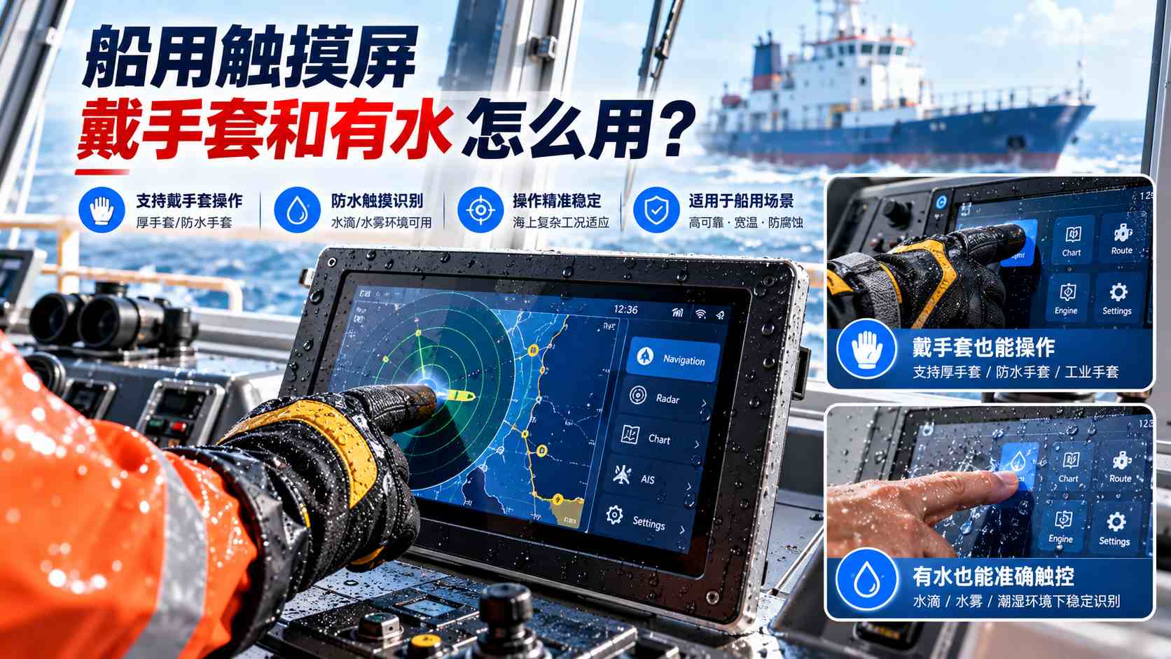 船用触摸屏戴手套和有水情况下，
